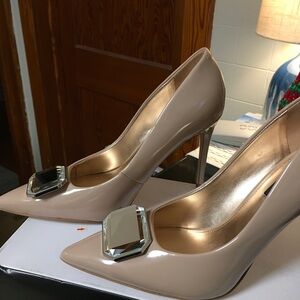 Nine West Nude Patent Heels with Jewel Accent
